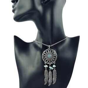 Y2K Silver Tone & Turquoise Statement Necklace Boho 17”